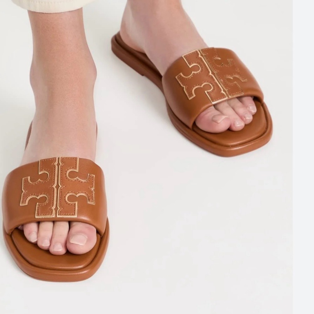Tory Burch Double T Sport Slides  Bourbon Miele/Gold leather. Size 6.5